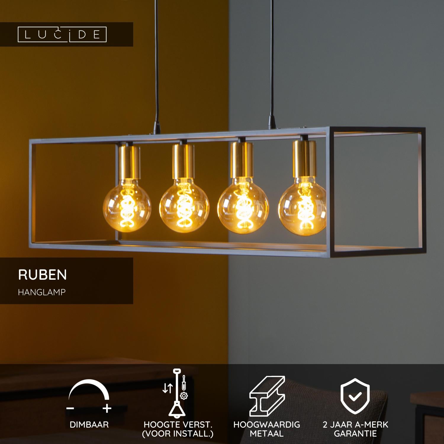 RUBEN - Hanglamp - 4xE27 - Zwart