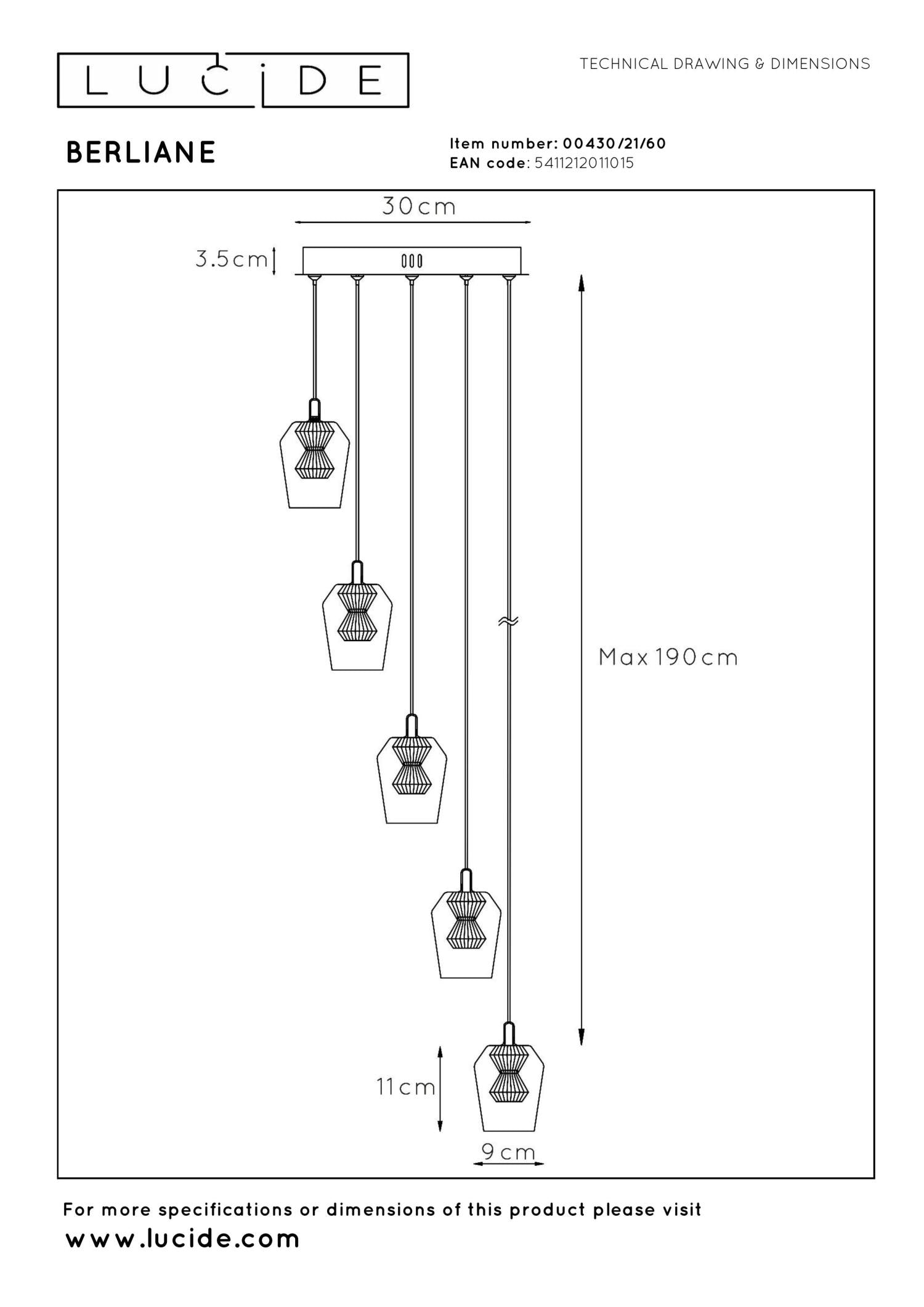 BERLIANE - Pendant light - Ø 34 cm - LED Dimmable - 5x4W 2700K - With replaceable LED module - Transparent | Essential