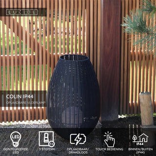 COLIN IP44 - Lampadaire rechargeable Intérieur/Extérieur - Batterie/Pile - LED 3 StepDim - 1x3W 3000K - IP44 - Noir