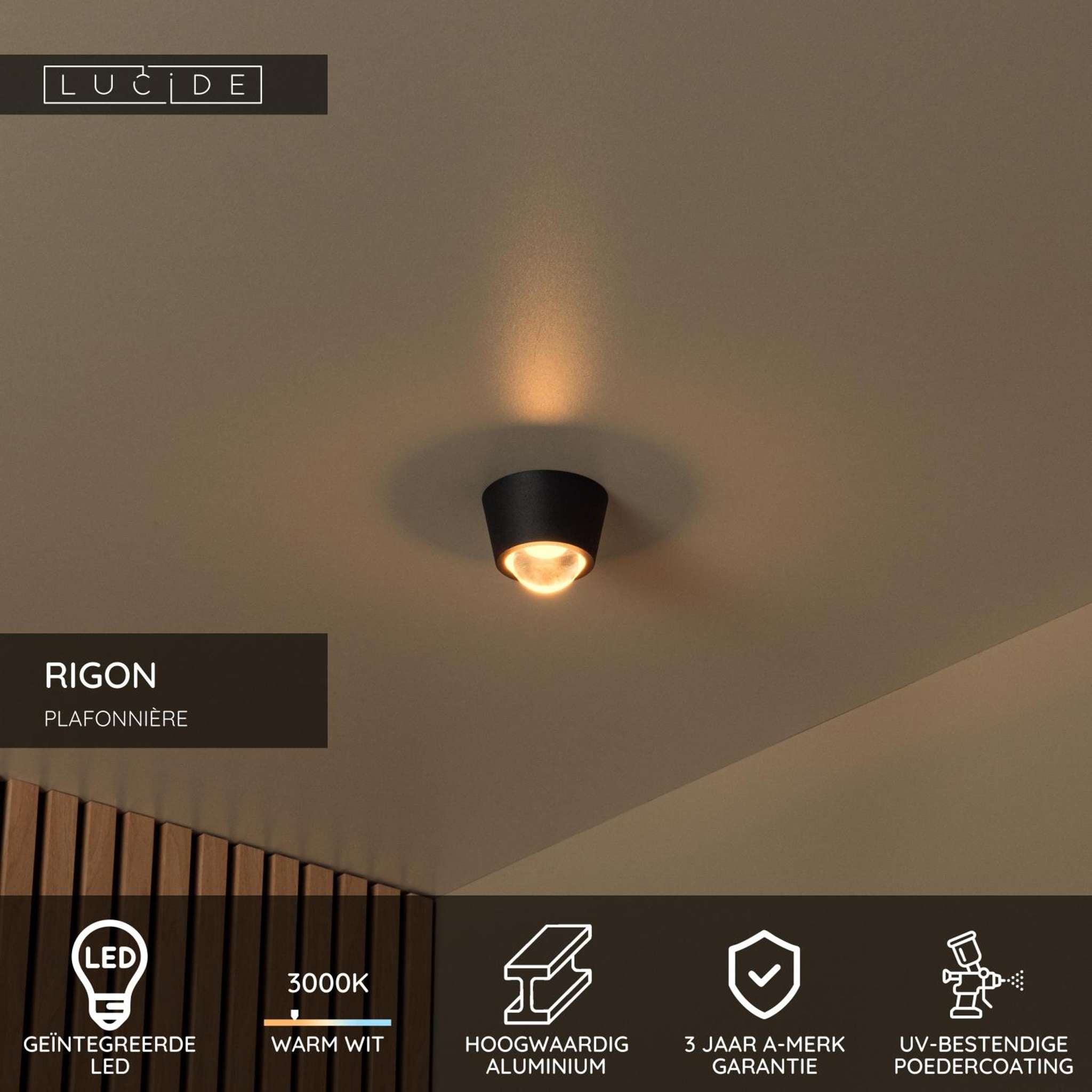 RIGON - Plafonnier - Ø 9 cm - LED - 1x6W 3000K - Noir