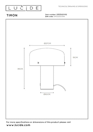 TIMON - Lampe de table - 1xE27 - Or mat / Laiton
