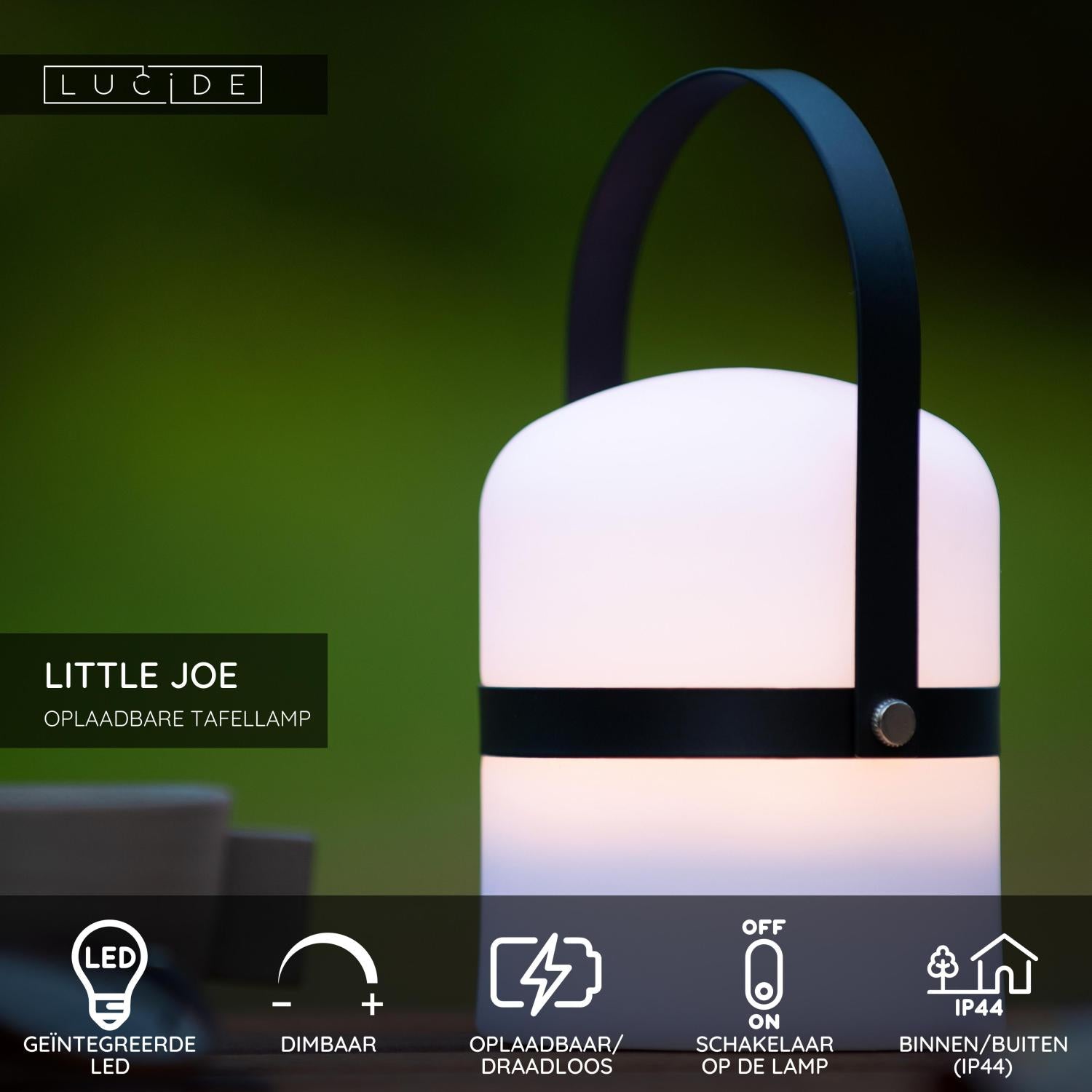 LITTLE JOE - Oplaadbare Tafellamp Binnen/Buiten - Accu/Batterij - Ø 10 cm - LED Dimb. - 1x0,3W 3000K - IP44 - Zwart