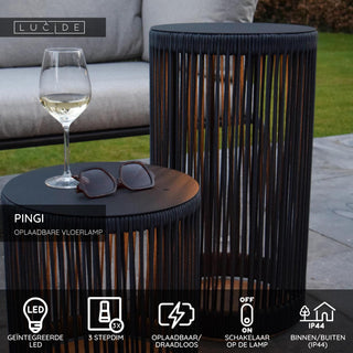 PINGI - Oplaadbare Vloerlamp Binnen/Buiten - Accu/Batterij - Ø 33,5 cm - LED 3 StepDim - 1x3W 3000K - IP44 - Zwart