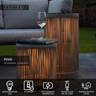 PINGI - Oplaadbare Vloerlamp Binnen/Buiten - Accu/Batterij - Ø 33,5 cm - LED 3 StepDim - 1x3W 3000K - IP44 - Taupe