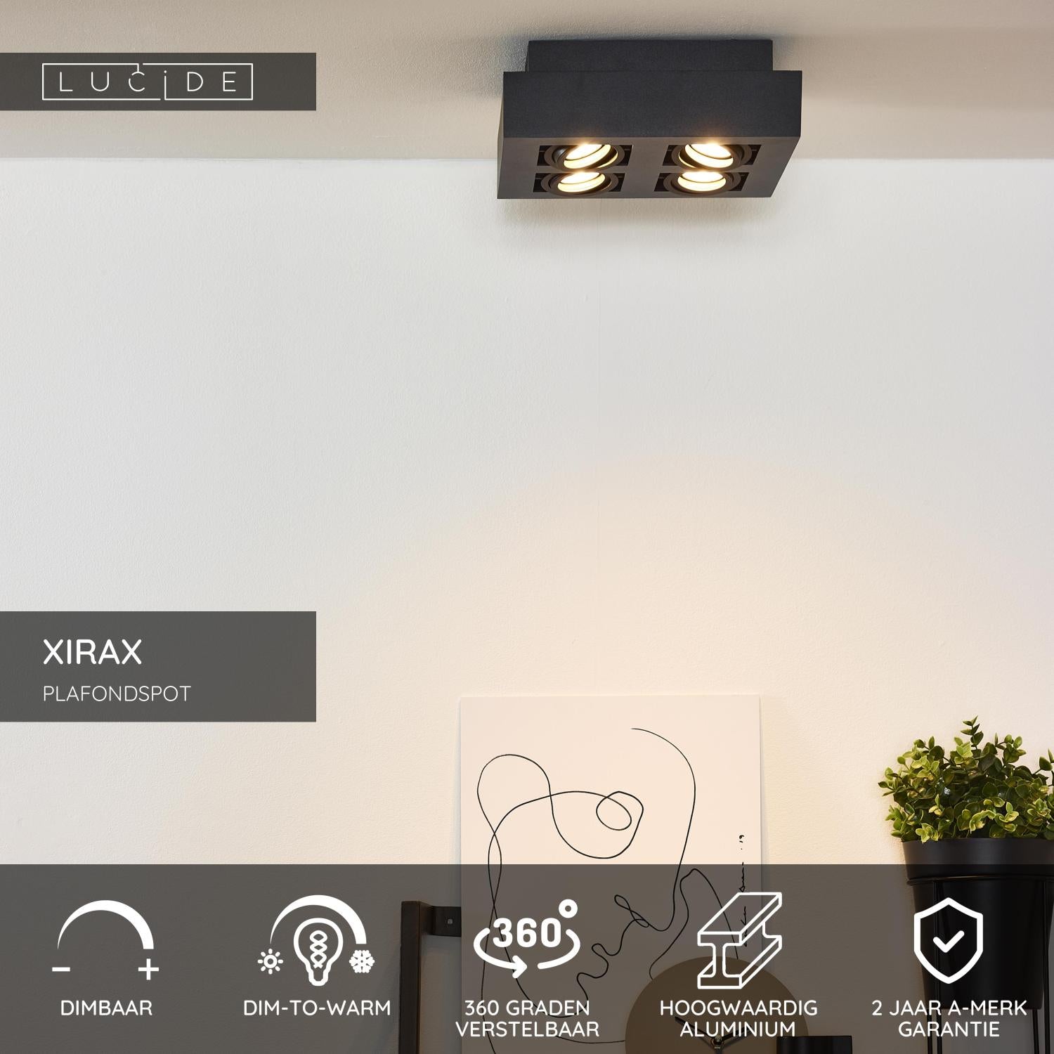 XIRAX - Spot plafonnier - LED Dim to warm - GU10 - 4x5W 2200K/3000K - Noir
