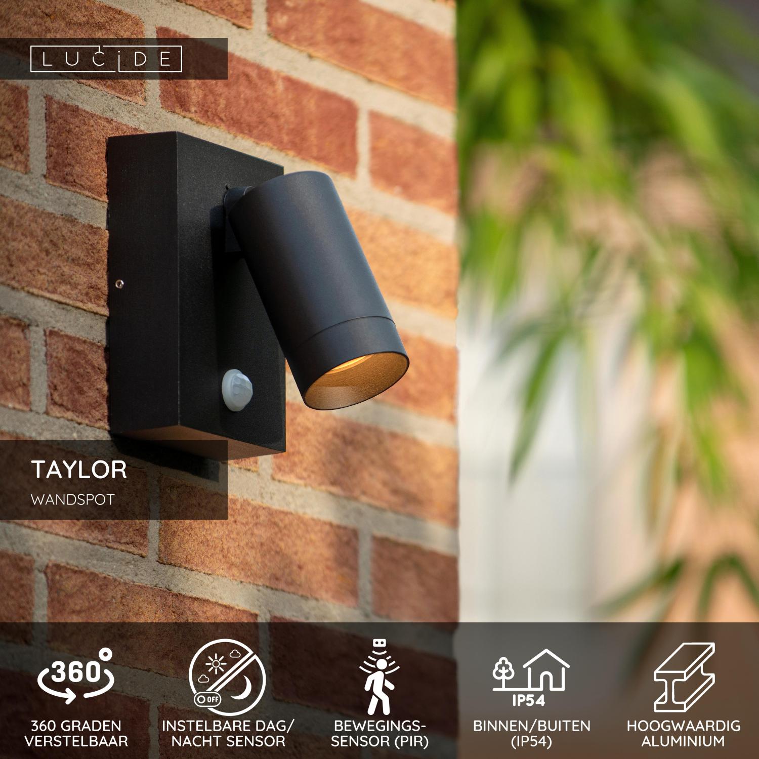 TAYLOR - Wandspot / Wandlamp Binnen/Buiten - 1xGU10 - IP54 - Bewegingssensor - Zwart