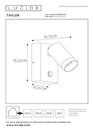 TAYLOR - Wandspot / Wandlamp Binnen/Buiten - 1xGU10 - IP54 - Bewegingssensor - Wit