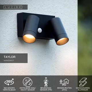 TAYLOR - Spot mural / Applique murale Intérieur/Extérieur - 2xGU10 - IP54 - Détecteur de mouvement - Noir