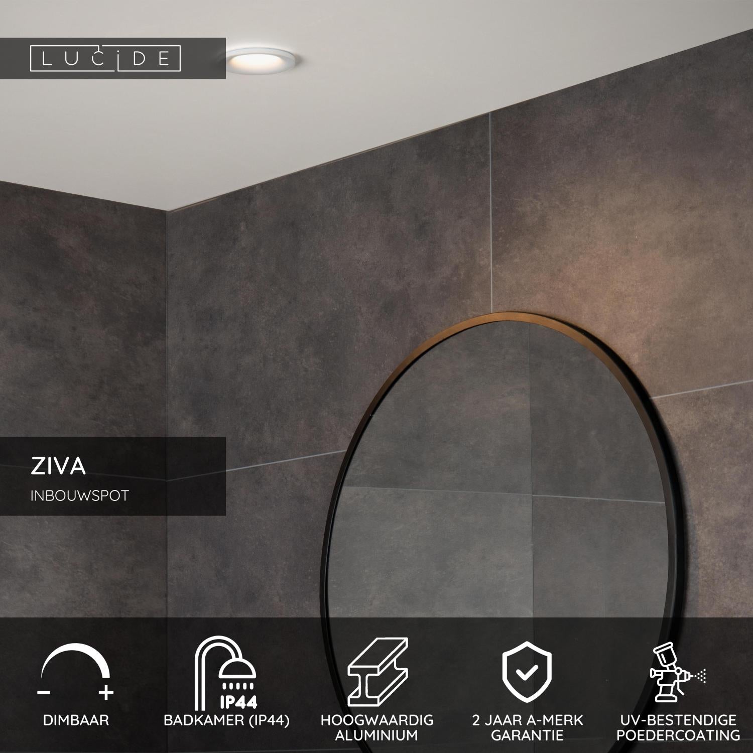 ZIVA - Inbouwspot Badkamer - Ø 8,4 cm - 1xGU10 - IP44 - Wit