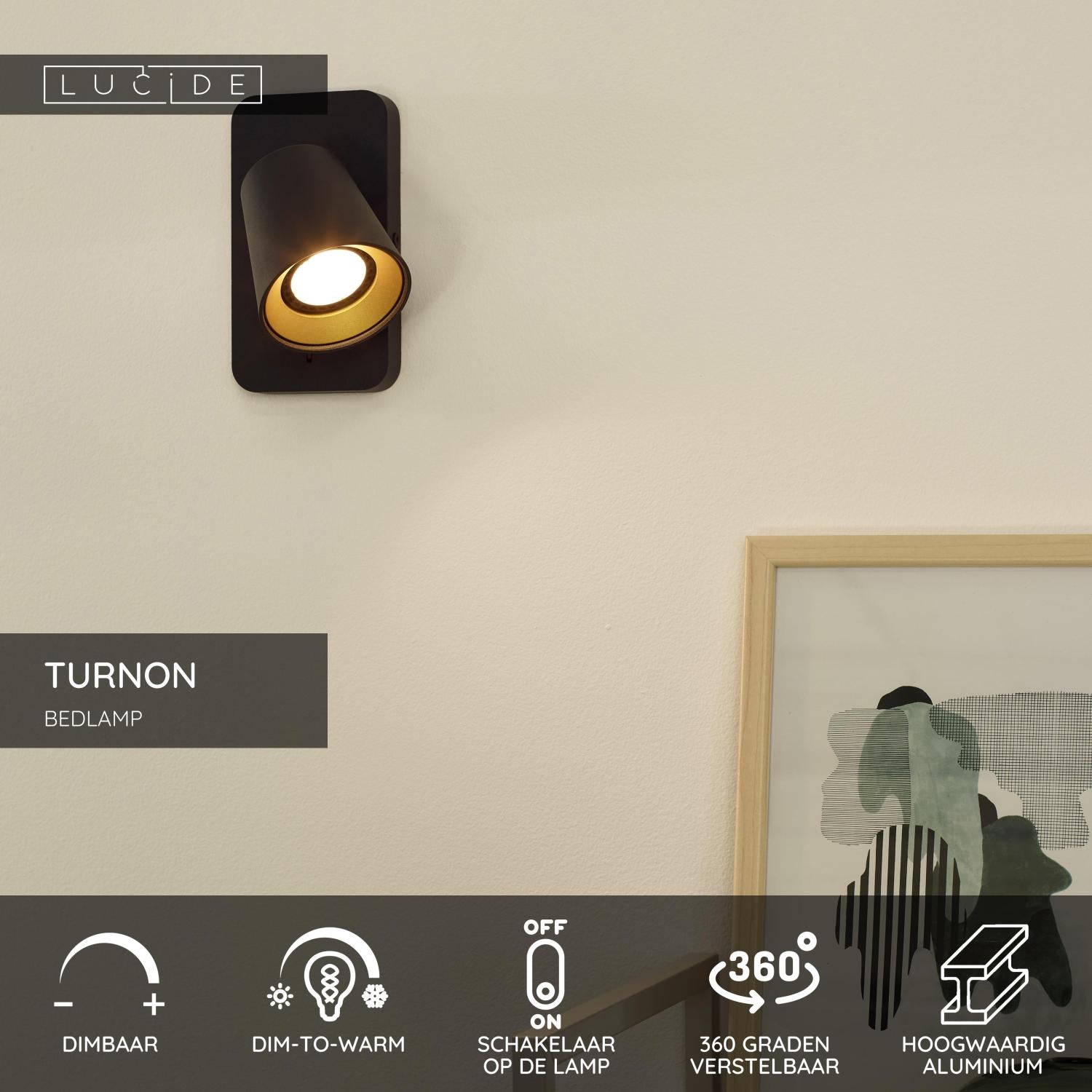 TURNON - Bedlamp / Wandlamp - LED Dim to warm - GU10 - 1x5W 2200K/3000K - Zwart