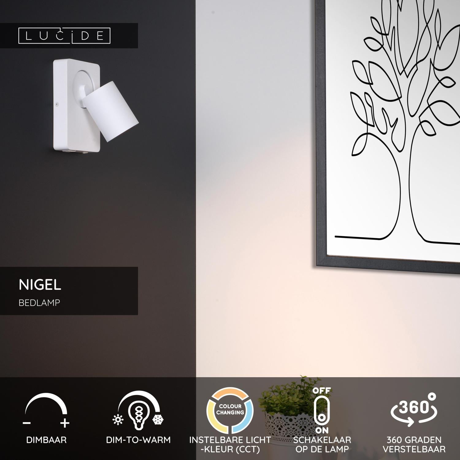 NIGEL - Lampe de chevet / Applique murale - LED Dim to warm - GU10 - 1x5W 2200K/3000K - Avec port de charge USB - Blanc