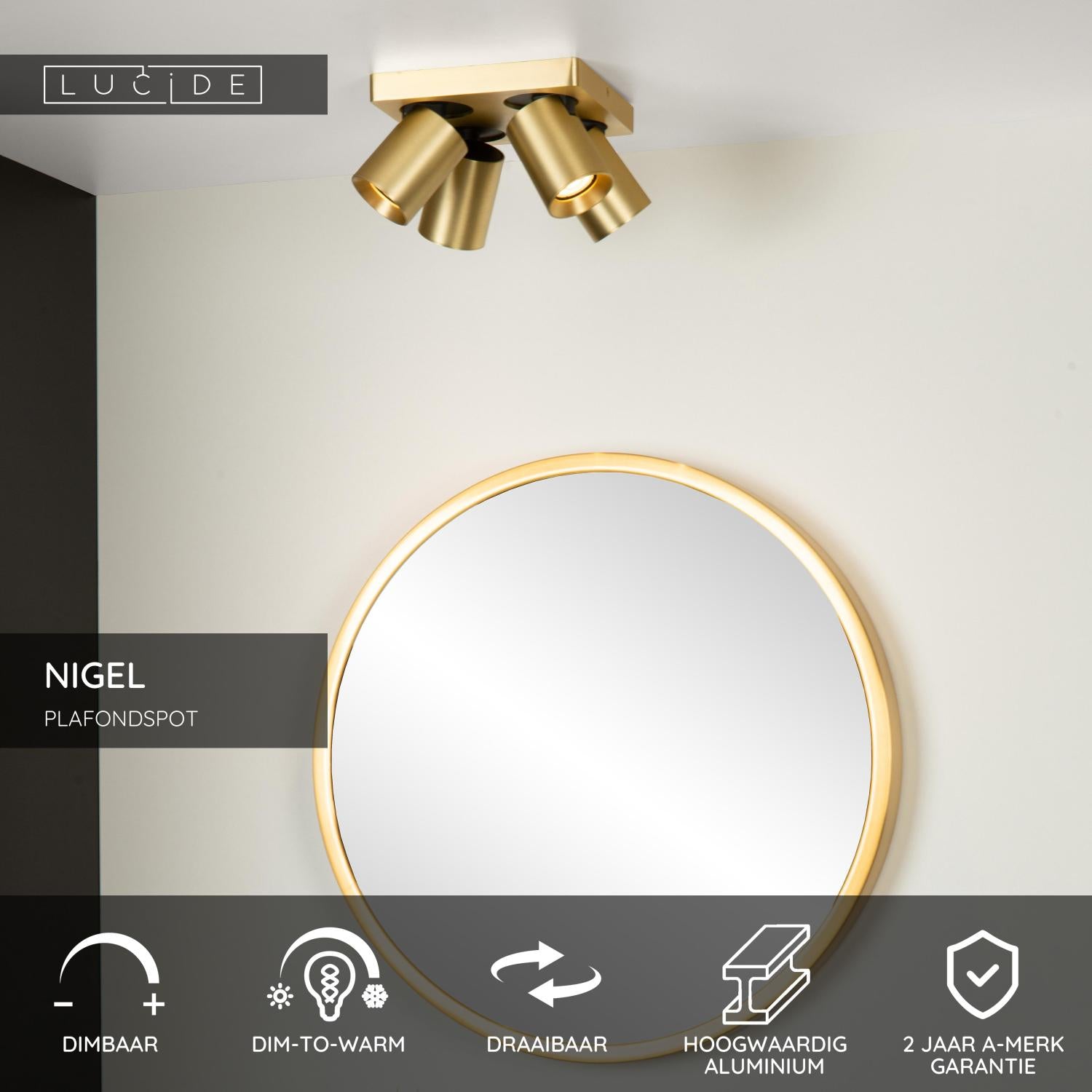 NIGEL - Plafondspot - LED Dim to warm - GU10 - 4x5W 2200K/3000K - Mat Goud / Messing