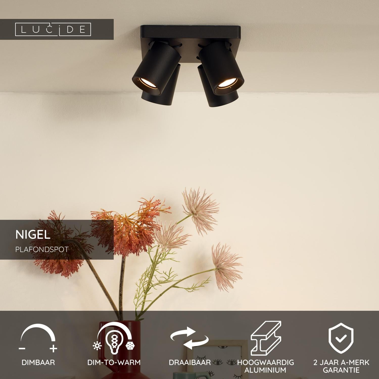 NIGEL - Plafondspot - LED Dim to warm - GU10 - 4x5W 2200K/3000K - Zwart