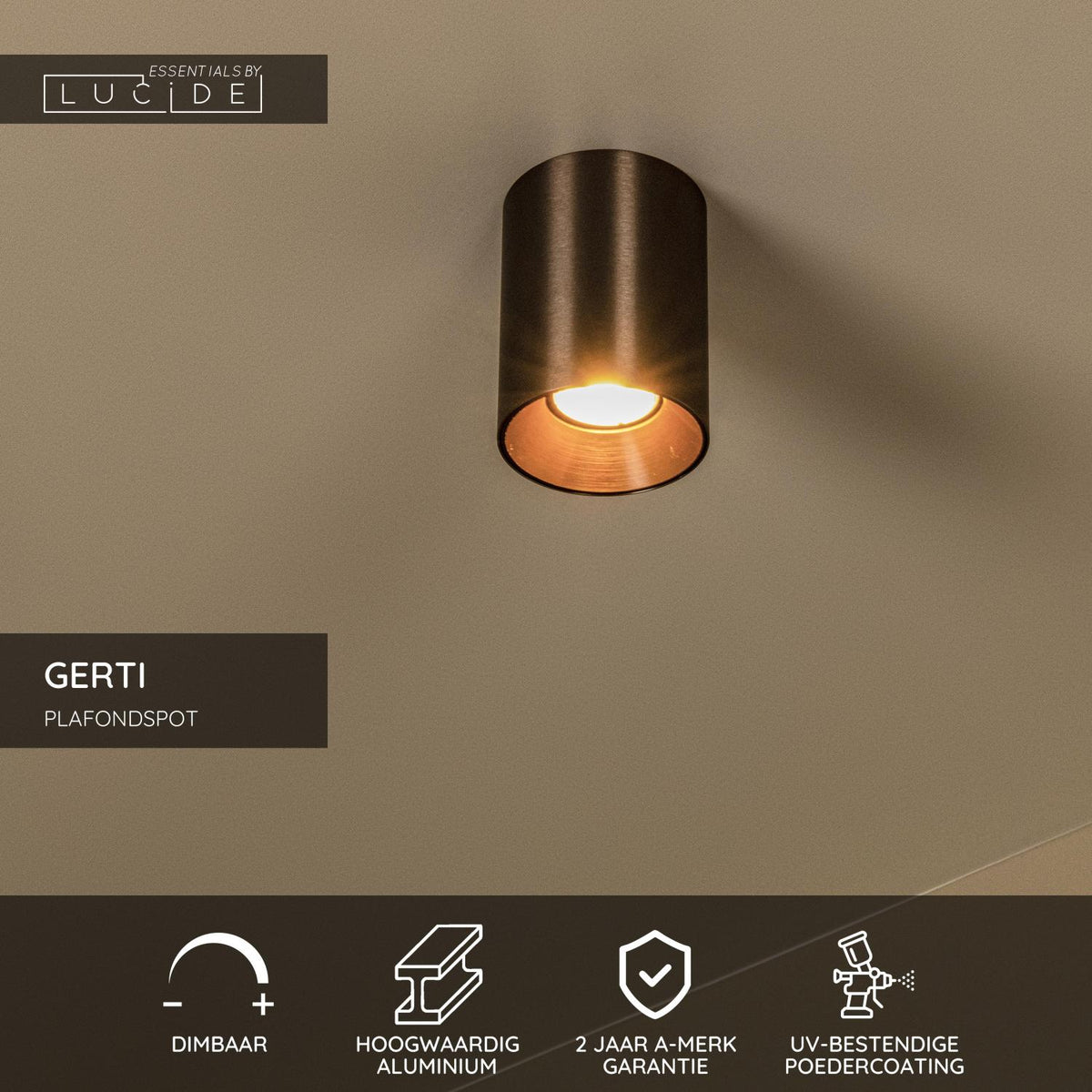Lucide - GERTI - Plafondspot - Ø 8 cm - 1xGU10 (MR16) - Koffie - IP20