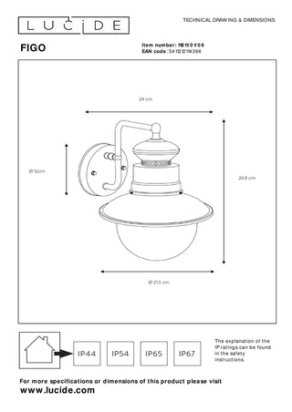 FIGO - Wandlamp Binnen/Buiten - Ø 21,5 cm - 1xE27 - IP44 - Zink