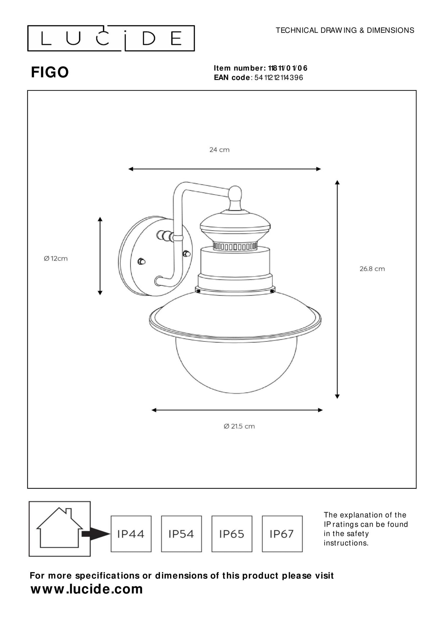 FIGO - Wandlamp Binnen/Buiten - Ø 21,5 cm - 1xE27 - IP44 - Zink