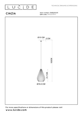 CINZIA - Hanglamp - Ø 18,3 cm - 1xE27 - Wit