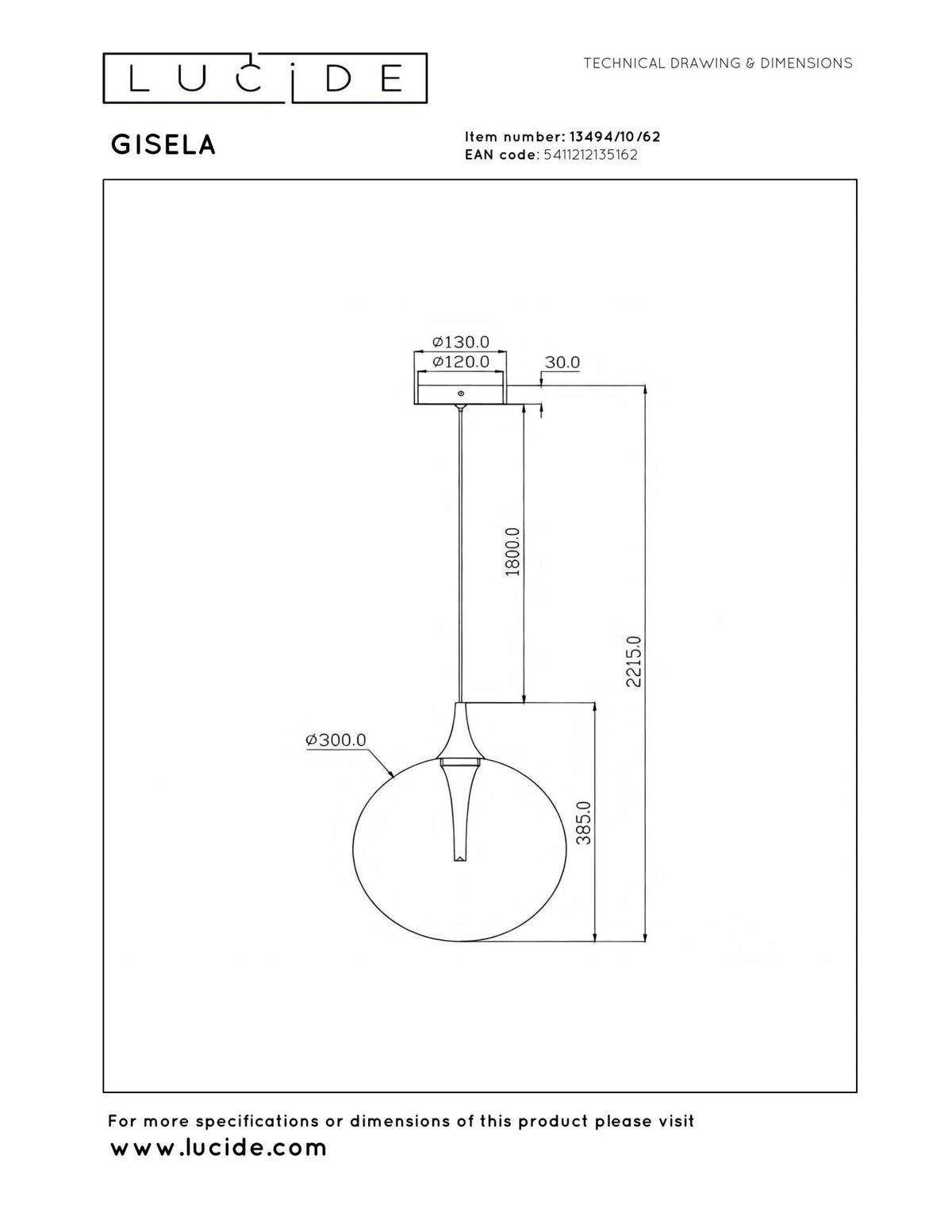 Lucide Premium - GISELA - Hanglamp - Ø 30 cm - LED Dimb. - 1x9,4W 2700K - Amber - IP20