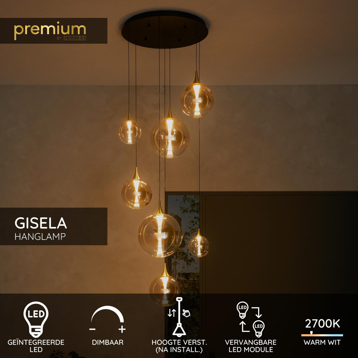 Lucide Premium - GISELA - Hanglamp - Ø 84 cm - LED Dimb. - 2700K - Met vervangbare LED-module - Amber - IP20