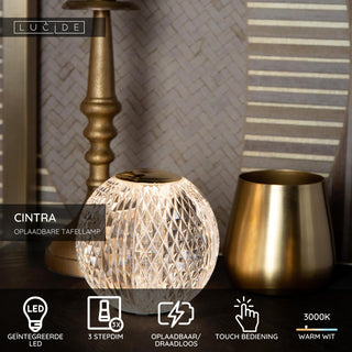 CINTRA - Rechargeable table lamp - Battery - Ø 9 cm - LED 3 StepDim - 1x1.5W 3000K - Transparent