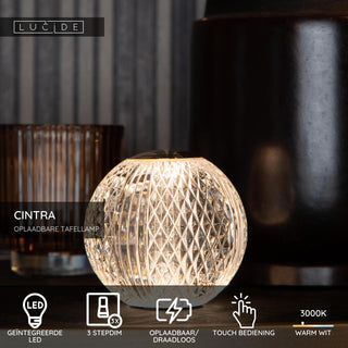 CINTRA - Oplaadbare Tafellamp - Accu/Batterij - Ø 11 cm - LED 3 StepDim - 1x2W 3000K - Transparant