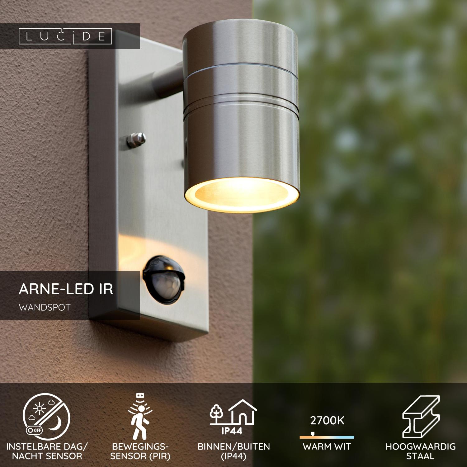 ARNE-LED IR - Wall spot / Wall light Indoor/Outdoor - Ø 6.3 cm - LED - GU10 - 1x5W 2700K - IP44 - Motion & day/night sensor - Matt chrome