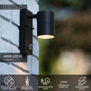 ARNE-LED IR - Wandspot / Wandlamp Binnen/Buiten - Ø 6,3 cm - LED - GU10 - 1x5W 2700K - IP44 - Beweging & dag/nacht sensor - Zwart