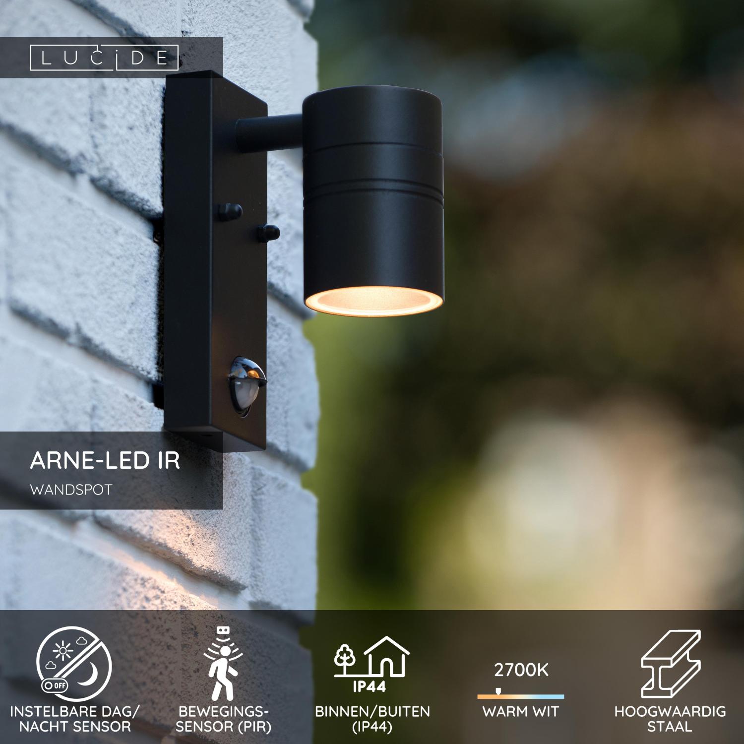 ARNE-LED IR - Wandspot / Wandlamp Binnen/Buiten - Ø 6,3 cm - LED - GU10 - 1x5W 2700K - IP44 - Beweging & dag/nacht sensor - Zwart