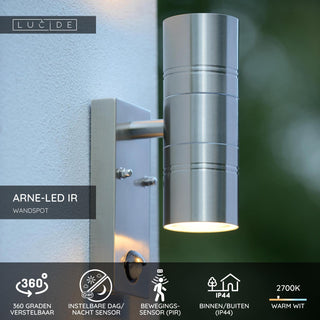 ARNE-LED IR - Wall spot / Wall light Indoor/Outdoor - Ø 6.3 cm - LED - GU10 - 2x5W 2700K - IP44 - Motion & day/night sensor - Matt chrome