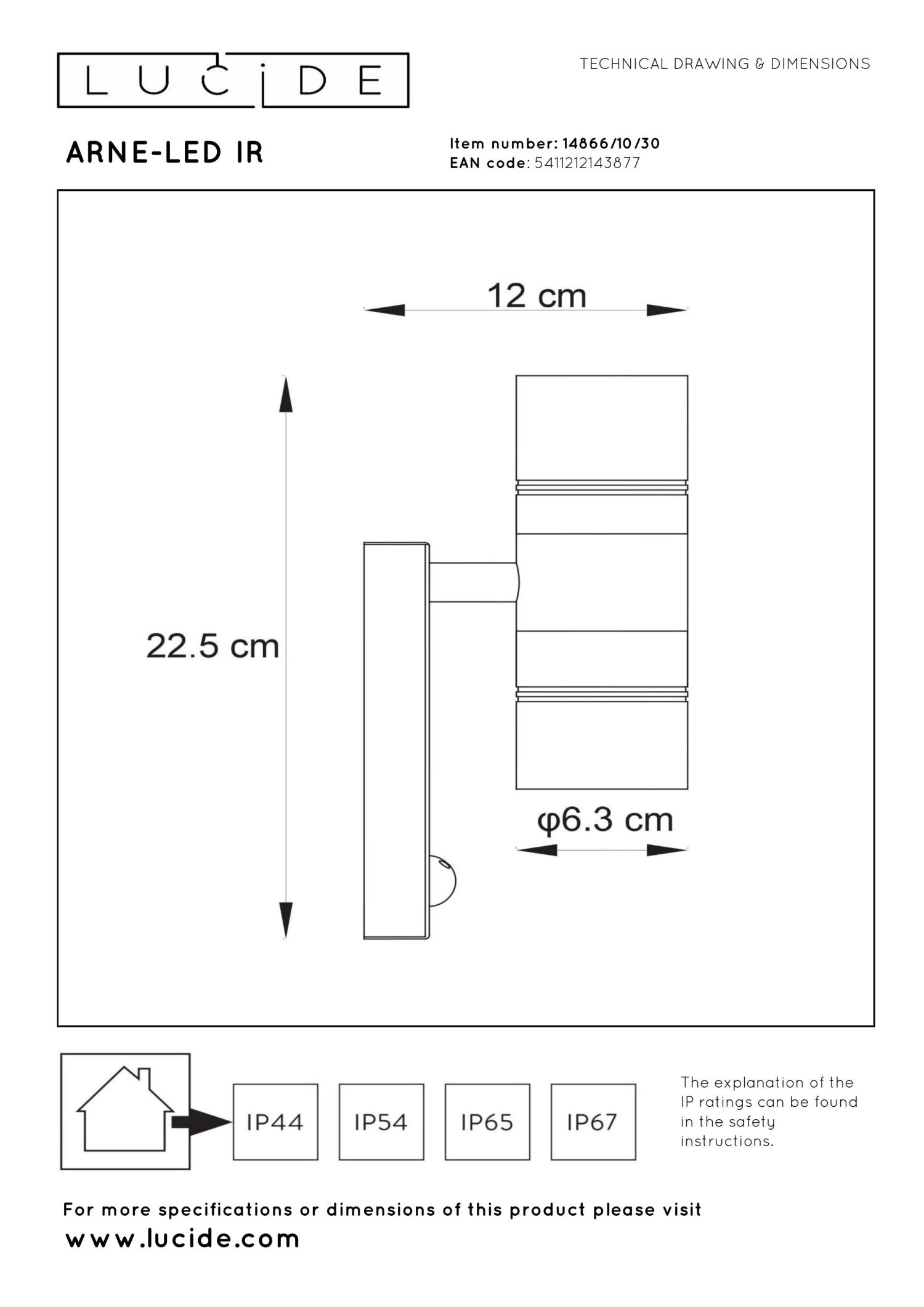 ARNE-LED IR - Wandspot / Wandlamp Binnen/Buiten - Ø 6,3 cm - LED - GU10 - 2x5W 2700K - IP44 - Beweging & dag/nacht sensor - Zwart