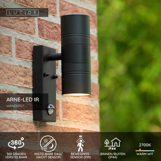ARNE-LED IR - Wandspot / Wandlamp Binnen/Buiten - Ø 6,3 cm - LED - GU10 - 2x5W 2700K - IP44 - Beweging & dag/nacht sensor - Zwart