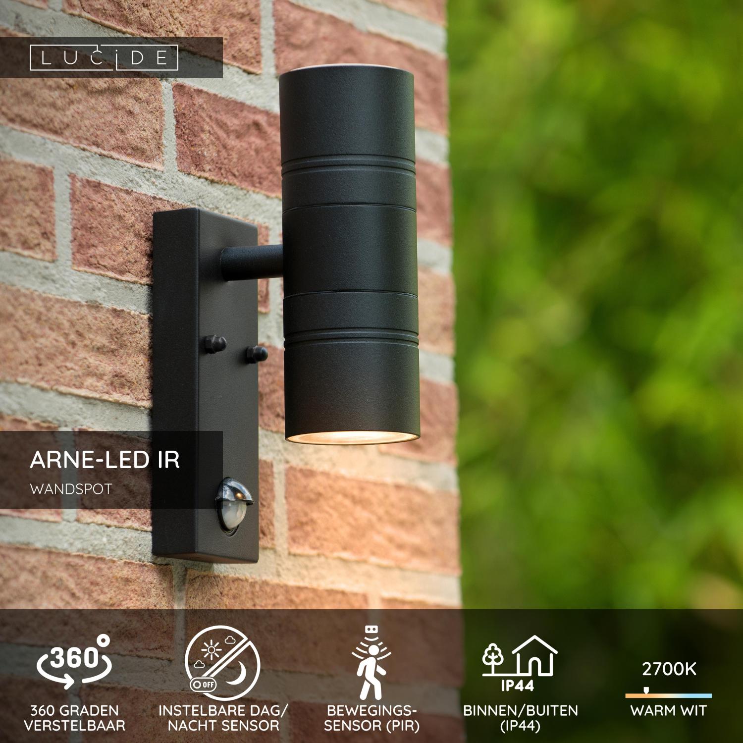 ARNE-LED IR - Wandspot / Wandlamp Binnen/Buiten - Ø 6,3 cm - LED - GU10 - 2x5W 2700K - IP44 - Beweging & dag/nacht sensor - Zwart