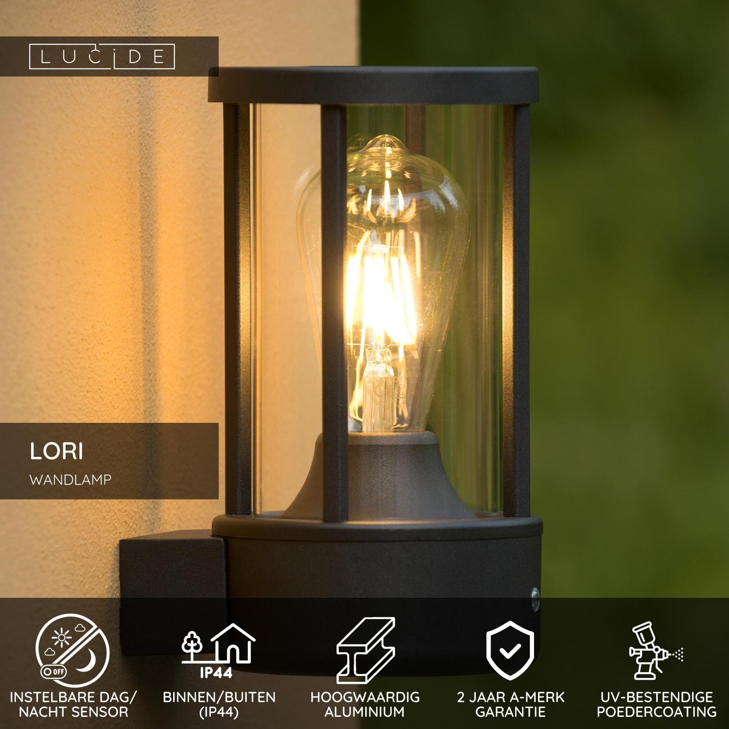 LORI - Wall light Indoor/Outdoor - Ø 12 cm - 1xE27 - IP44 - Day/night sensor - Anthracite