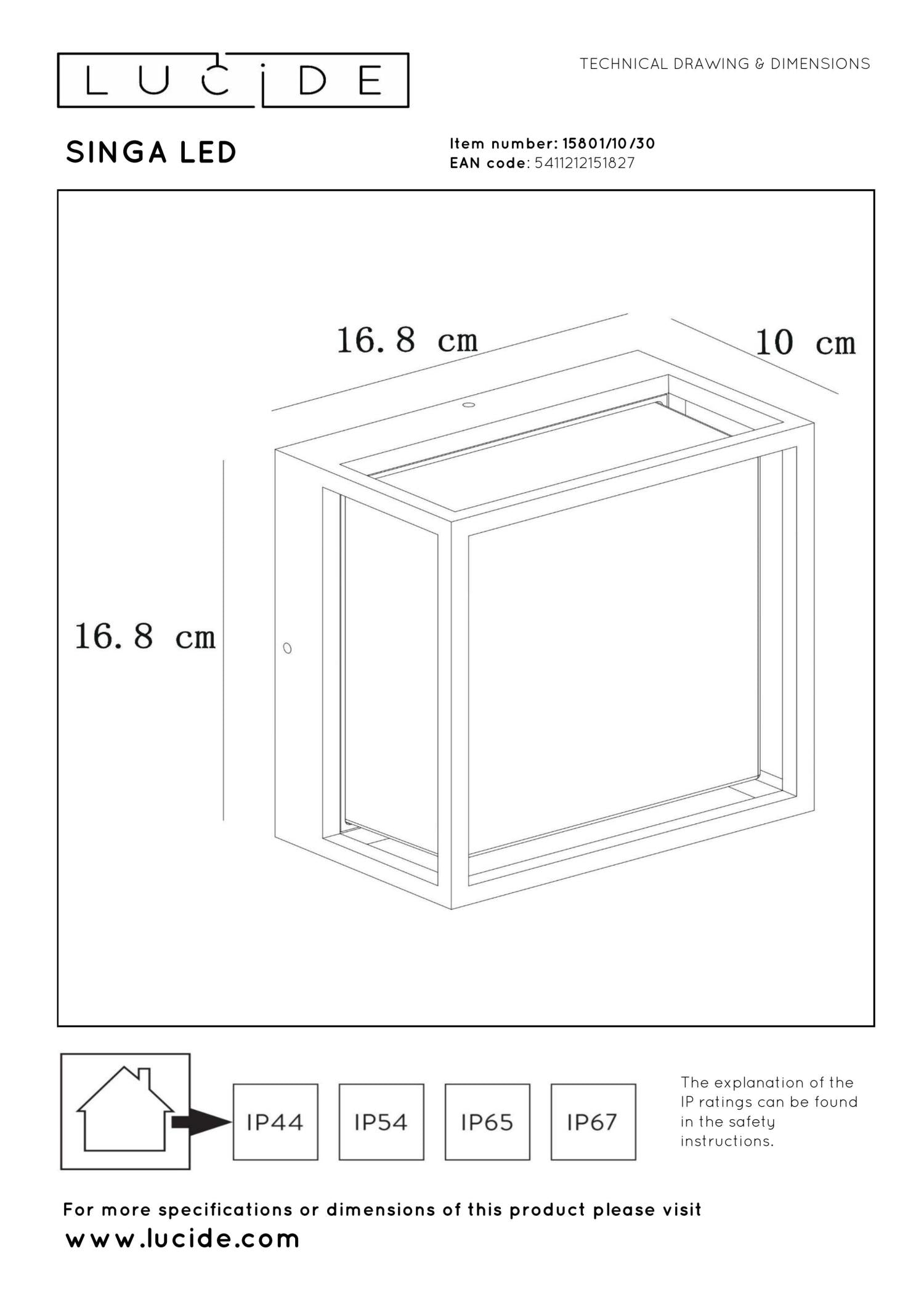 SINGA LED - Applique murale Intérieur/Extérieur - LED - 1x10W 3000K - IP54 - Noir