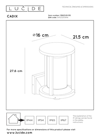 CADIX - Wandlamp Binnen/Buiten - 1xE27 - IP65 - Zwart
