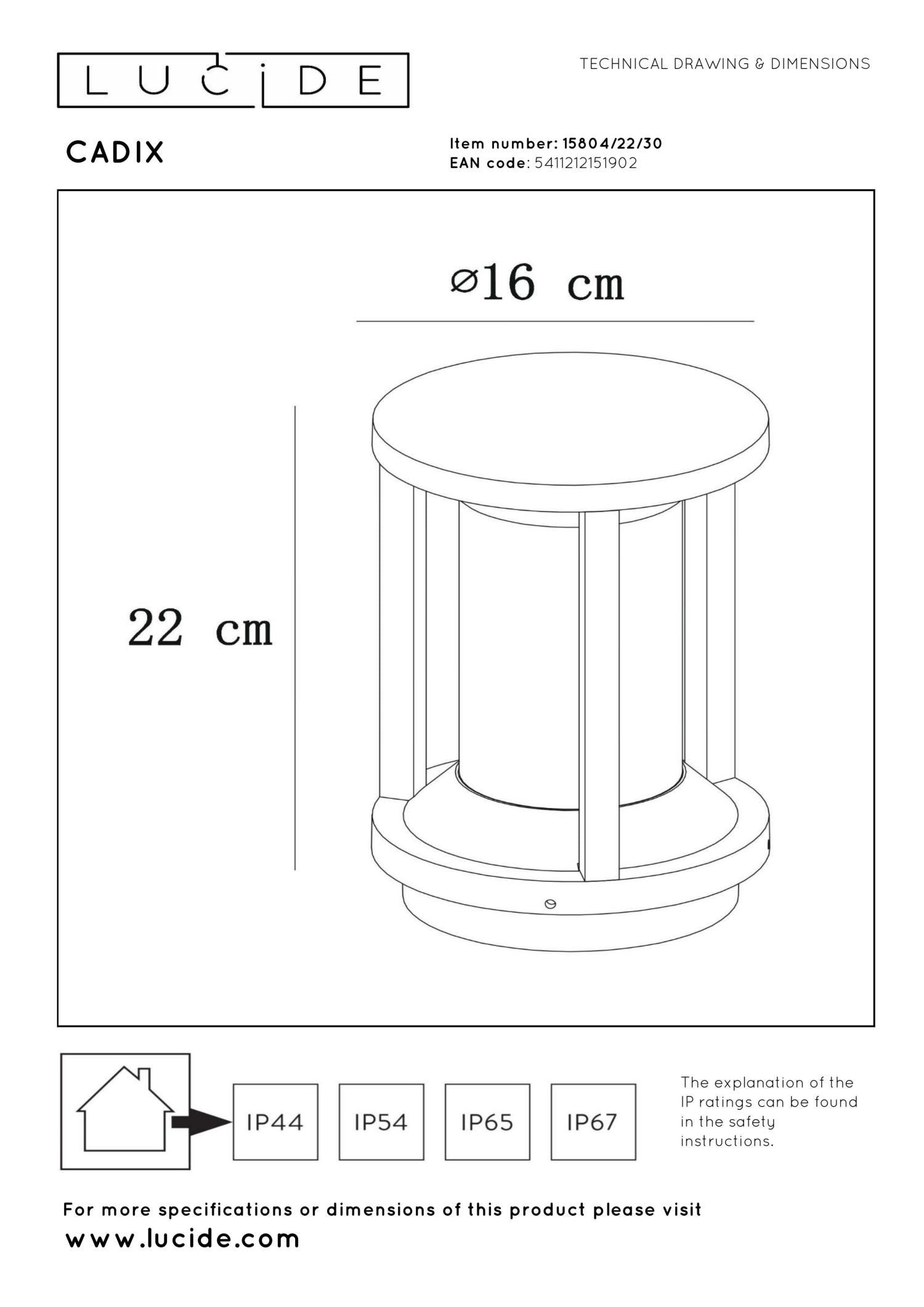 CADIX - Sokkellamp - Ø 16 cm - 1xE27 - IP65 - Zwart