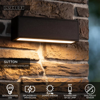 SUTTON - Applique murale - Énergie solaire - LED - 1x1,5W 2700K/3000K - IP54 - Détecteur jour/nuit - Noir