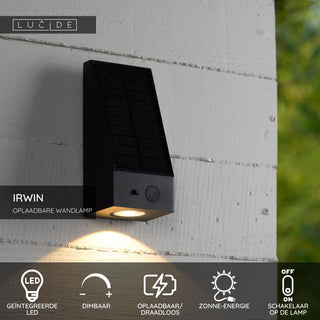 IRWIN - Wandlamp - Zonne-energie - LED Dimb. - 1x2W 3000K - IP54 - Beweging & dag/nacht sensor - Zwart
