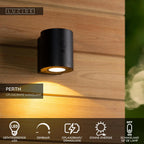 PERTH - Wandlamp - Zonne-energie - Ø 9 cm - LED Dimb. - 1x1W 2700K/3000K - IP65 - Beweging & dag/nacht sensor - Zwart