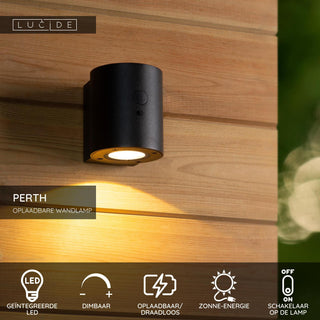 PERTH - Wandlamp - Zonne-energie - Ø 9 cm - LED Dimb. - 1x1W 2700K/3000K - IP65 - Beweging & dag/nacht sensor - Zwart