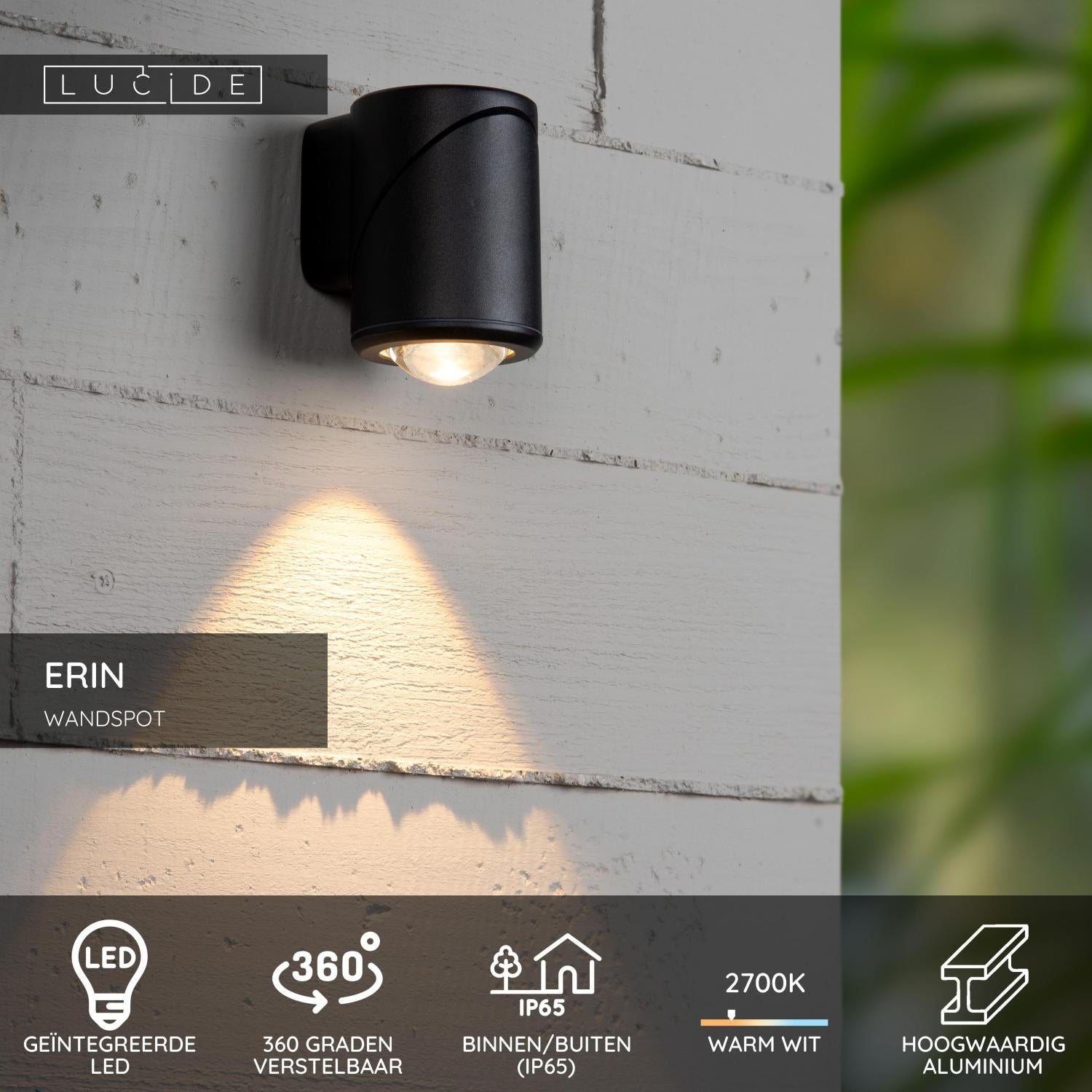 ERIN - Wandspot / Wandlamp Binnen/Buiten - LED - 1x5W 2700K - IP65 - Zwart