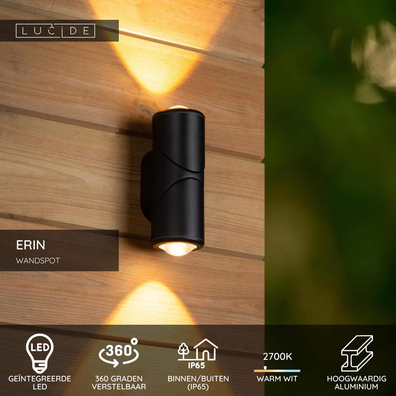 ERIN - Wandspot / Wandlamp Binnen/Buiten - LED - 2x5W 2700K - IP65 - Zwart