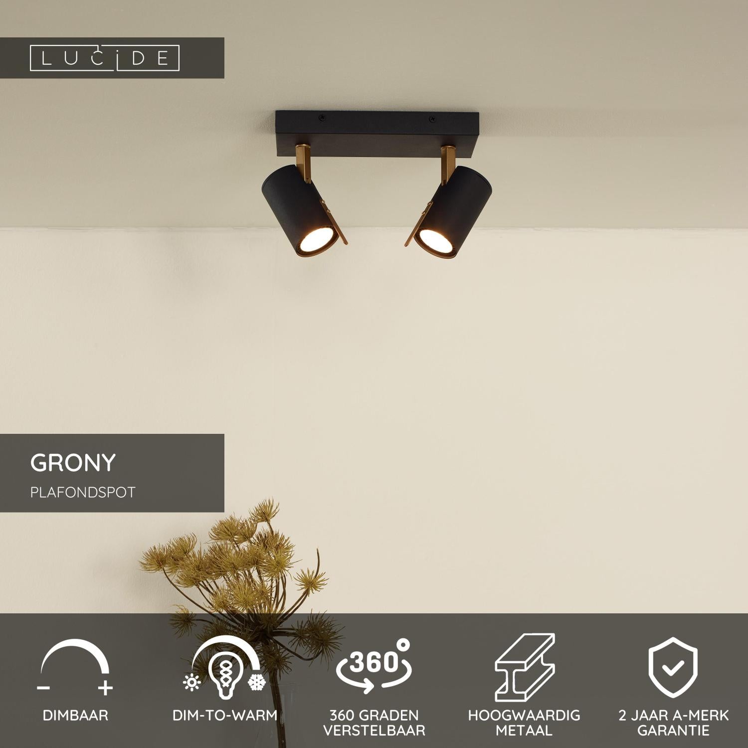 GRONY - Spot plafonnier - LED Dim to warm - GU10 - 2x5W 2200K/3000K - Noir