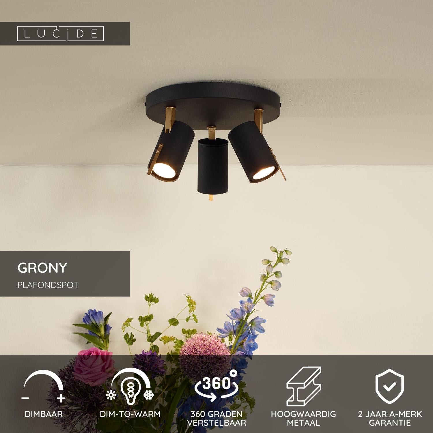 GRONY - Plafondspot - LED Dim to warm - GU10 - 3x5W 2200K/3000K - Zwart