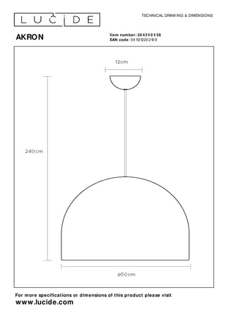 AKRON - Hanglamp - Ø 50 cm - 1xE27 - Geschikt voor vide en hoge plafonds - Grijs