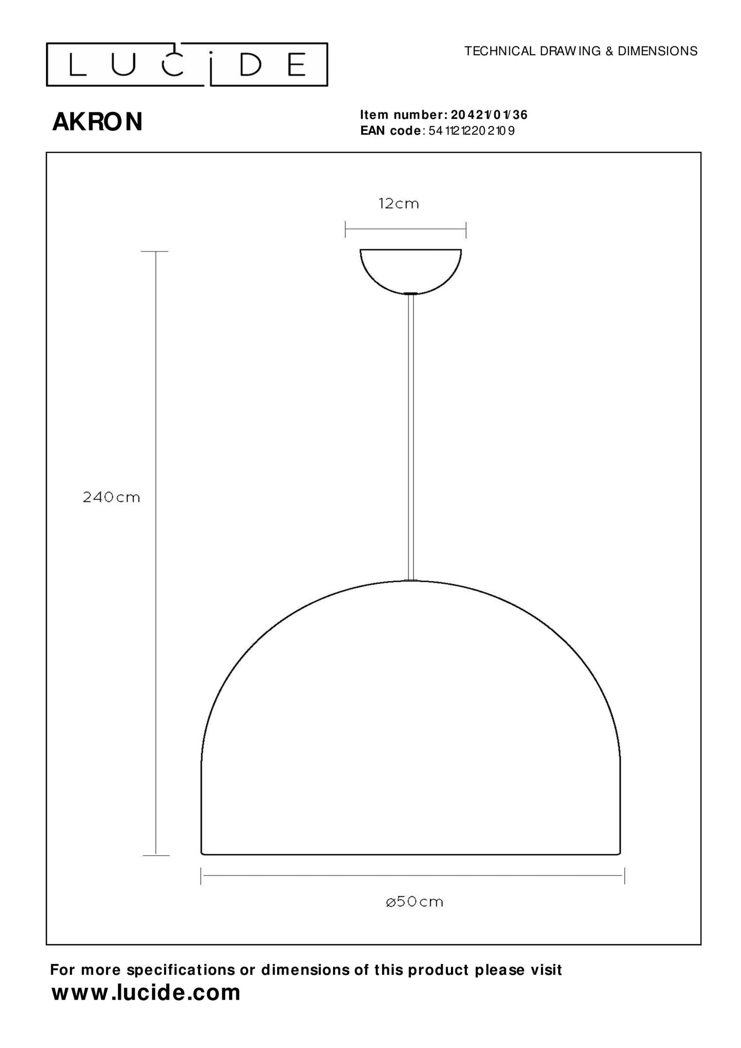 AKRON - Hanglamp - Ø 50 cm - 1xE27 - Geschikt voor vide en hoge plafonds - Grijs