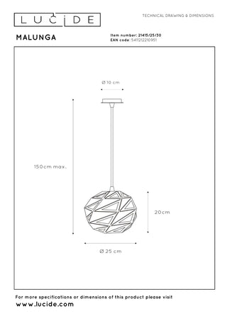 MALUNGA - Suspension - Ø 25 cm - 1xE27 - Noir