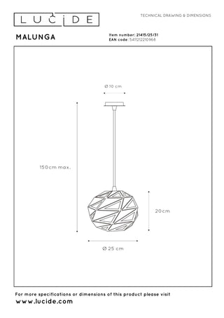 MALUNGA - Hanglamp - Ø 25 cm - 1xE27 - Wit