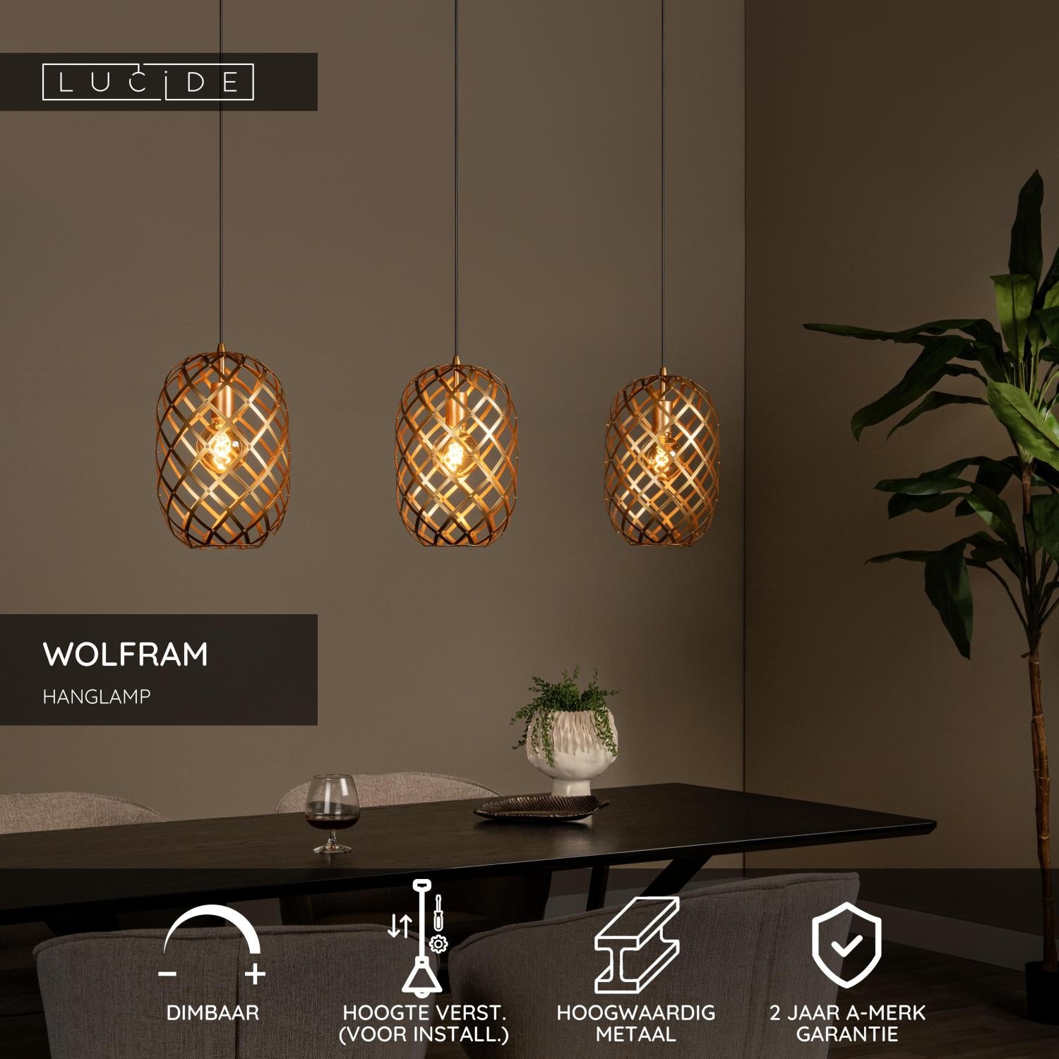 WOLFRAM - Hanglamp - 3xE27 - Mat Goud / Messing