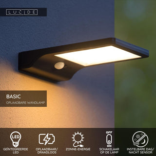 BASIC - Applique murale - Énergie solaire - LED - 1x3W 2700K - IP44 - Détecteur de mouvement et jour/nuit - Noir